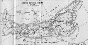 Map of Prince Edward Island with rail lines.